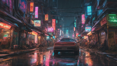 outdoors, no humans, night, ground vehicle, building, scenery, motor vehicle, reflection, rain, city, sign, car, road, cityscape, dark, street, puddle, city lights, cyberpunk, neon lights, vanishing point