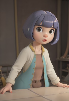 1girl,solo,looking at viewer,short hair,bangs,shirt,black hair,hair ornament,long sleeves,brown eyes,closed mouth,blue hair,standing,collarbone,jacket,parted lips,open clothes,shiny,belt,pants,artist name,indoors,blunt bangs,nail polish,blurry,open jacket,lips,fingernails,makeup,buttons,depth of field,blurry background,bob cut,bottle,lipstick,blue jacket,child,red nails,freckles,red lips,female child,brown belt,brown shirt,letterman jacket