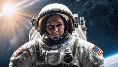 solo,looking at viewer,smile,brown hair,1boy,upper body,male focus,sky,facial hair,moon,helmet,star (sky),lens flare,reflection,science fiction,realistic,sun,space,planet,earth (planet),american flag,spacecraft,spacesuit,japanese flag,astronaut,1girl,lips,sunlight,portrait,dirty,dirty face,space helmet,united states