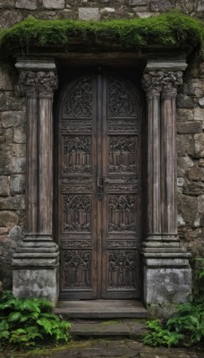 outdoors,day,no humans,grass,plant,building,scenery,stairs,door,architecture,ruins,pillar,statue,arch,moss,column,tree,leaf,bush,wall,vines,brick wall,stone,gate,overgrown,stone floor,stone wall