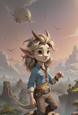 1girl,solo,long hair,smile,brown hair,shirt,1boy,animal ears,brown eyes,jewelry,closed mouth,standing,jacket,tail,yellow eyes,male focus,boots,outdoors,horns,sky,pointy ears,collared shirt,belt,pants,artist name,cloud,signature,bracelet,tree,bird,animal,watermark,brown footwear,thick eyebrows,grass,claws,furry,sleeves rolled up,pocket,sunset,rock,mountain,furry female,sun,brown belt,breast pocket,furry male,brown pants,snout,cliff,blush,blonde hair,grey hair,open clothes,necktie,medium hair,water,cloudy sky,blue shirt,blue jacket,scenery,cropped jacket,antlers,waterfall,landscape