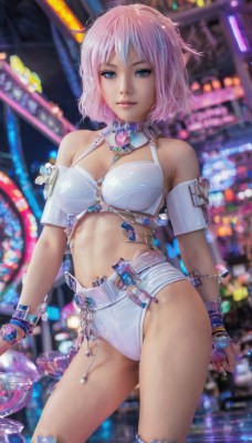 1girl,solo,breasts,looking at viewer,smile,short hair,blue eyes,gloves,navel,cleavage,bare shoulders,jewelry,medium breasts,standing,swimsuit,pink hair,midriff,fingerless gloves,blurry,bracelet,lips,blurry background,contrapposto,realistic,bikini armor,bangs,closed mouth,bikini,thighs,cowboy shot,outdoors,shorts,artist name,signature,bra,watermark,light smile,armband,web address,white bra,deviantart username,neon lights