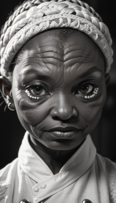 1girl,solo,looking at viewer,smile,simple background,jewelry,monochrome,braid,greyscale,hairband,earrings,parted lips,teeth,dark skin,dark-skinned female,lips,eyelashes,buttons,black background,portrait,realistic,old,horror (theme),old woman,wrinkled skin,closed mouth,hair bun,single hair bun