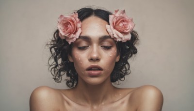 1girl,solo,short hair,simple background,black hair,hair ornament,bare shoulders,collarbone,closed eyes,upper body,flower,nude,sweat,parted lips,hair flower,dark skin,grey background,black eyes,lips,rose,portrait,pink flower,freckles,curly hair,realistic,pink rose,brown eyes,close-up