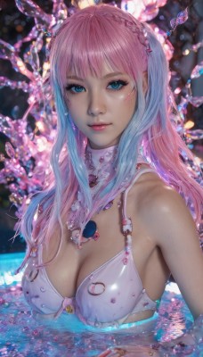 1girl,solo,long hair,breasts,looking at viewer,smile,bangs,blue eyes,large breasts,cleavage,bare shoulders,jewelry,medium breasts,closed mouth,blue hair,swimsuit,upper body,pink hair,braid,bikini,multicolored hair,shiny,artist name,water,necklace,blurry,bracelet,two-tone hair,aqua eyes,lips,wet,eyelashes,gradient hair,makeup,white bikini,gem,bikini top only,partially submerged,realistic,nose,mascara,blush,petals,detached collar,blurry background,watermark,ring,pink lips,pool,crown braid