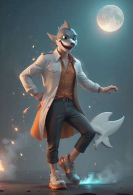 solo,looking at viewer,smile,open mouth,blue eyes,shirt,1boy,standing,tail,full body,male focus,open clothes,shoes,teeth,belt,pants,coat,hand on hip,night,glowing,black pants,moon,fire,sharp teeth,sneakers,glowing eyes,furry,full moon,personification,pocket,labcoat,white coat,orange shirt,fish tail,shark tail,shark girl,red eyes,long sleeves,white shirt,collared shirt,artist name,nail polish,vest,mask,heterochromia,standing on one leg,colored sclera,black sclera,furry male,brown pants,head fins,brown vest,orange vest