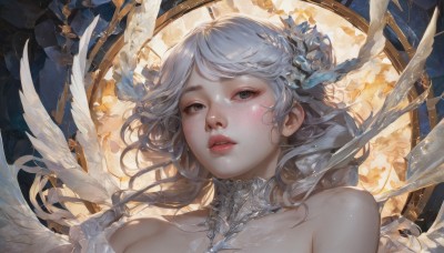 1girl,solo,long hair,looking at viewer,bangs,hair ornament,bare shoulders,upper body,braid,flower,white hair,grey hair,parted lips,wings,artist name,hair flower,lips,grey eyes,eyelashes,detached collar,floating hair,portrait,feathered wings,realistic,nose,white wings,red lips,blush,collarbone,teeth,angel wings,angel