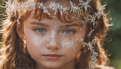 1girl,solo,long hair,looking at viewer,bangs,blue eyes,brown hair,closed mouth,flower,blurry,lips,eyelashes,wavy hair,portrait,close-up,realistic,nose,head wreath,dappled sunlight,hair ornament,jewelry,earrings,grey eyes,expressionless,freckles,curly hair