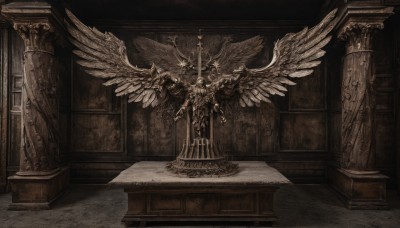 solo,holding,wings,indoors,no humans,halo,cross,scenery,feathered wings,angel wings,angel,pillar,statue,multiple wings,weapon,sword,chain,skull,throne,column