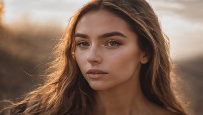 1girl,solo,long hair,looking at viewer,brown hair,brown eyes,closed mouth,outdoors,blurry,lips,eyelashes,blurry background,wavy hair,portrait,forehead,freckles,realistic,nose,jewelry,earrings,parted lips,sky,cloud,depth of field,expressionless,sunlight,thick eyebrows,cloudy sky,close-up,backlighting