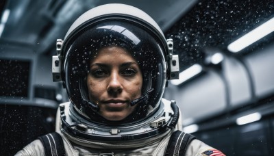 solo,looking at viewer,1boy,closed mouth,upper body,male focus,indoors,blurry,black eyes,blurry background,facial hair,helmet,portrait,science fiction,realistic,space,american flag,spacesuit,astronaut,black hair,brown eyes,lips,star (sky),reflection,planet,earth (planet),spacecraft,space helmet,united states