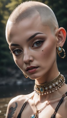 1girl,solo,looking at viewer,short hair,bare shoulders,brown eyes,jewelry,collarbone,upper body,earrings,outdoors,choker,necklace,bra,mole,blurry,lips,mole under eye,tattoo,makeup,blurry background,piercing,black bra,ear piercing,portrait,freckles,realistic,nose,bald,very short hair,shoulder tattoo,neck tattoo,buzz cut,parted lips,eyelashes,gem