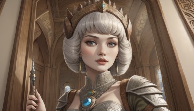 1girl,solo,looking at viewer,short hair,bangs,blue eyes,holding,jewelry,upper body,white hair,grey hair,earrings,parted lips,indoors,necklace,armor,lips,grey eyes,tiara,crown,shoulder armor,portrait,pauldrons,collarbone,teeth,hand up,window,gem,realistic,wand,holding wand