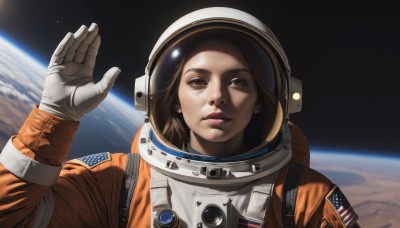 1girl,solo,looking at viewer,brown hair,gloves,brown eyes,upper body,white gloves,lips,helmet,realistic,nose,space,planet,earth (planet),american flag,spacesuit,space helmet,astronaut,short hair,parted lips,hand up,portrait,reflection,waving,salute,japanese flag