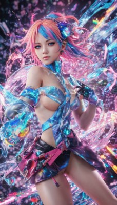 1girl,solo,long hair,breasts,looking at viewer,short hair,blue eyes,skirt,large breasts,hair ornament,gloves,cleavage,bare shoulders,jewelry,medium breasts,blue hair,standing,pink hair,multicolored hair,earrings,parted lips,belt,miniskirt,fingerless gloves,water,two-tone hair,lips,streaked hair,sideboob,armlet,realistic,nose,bangs,ponytail,cowboy shot,sleeveless,shiny,artist name,black skirt,underboob,watermark,ass visible through thighs,revealing clothes,armband,web address,blue gloves