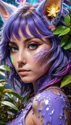 1girl,solo,looking at viewer,short hair,bangs,hair ornament,animal ears,closed mouth,green eyes,blue hair,upper body,purple hair,flower,multicolored hair,artist name,cat ears,signature,hair flower,blurry,from side,lips,animal ear fluff,fox ears,eyelashes,makeup,leaf,watermark,facial mark,bug,plant,slit pupils,portrait,web address,close-up,eyeshadow,pink lips,realistic,nose,eyeliner,facepaint,mascara,bare shoulders,jewelry,hairclip,nature,freckles,water drop