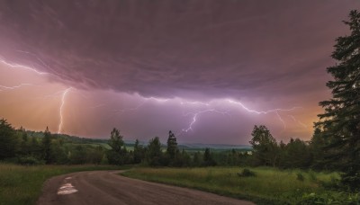 outdoors,sky,cloud,water,tree,no humans,cloudy sky,grass,nature,scenery,forest,sunset,electricity,road,river,lightning,landscape,path,ocean,horizon