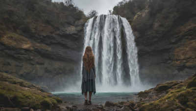 1girl, solo, long hair, skirt, brown hair, standing, outdoors, water, from behind, tree, nature, scenery, long skirt, waterfall