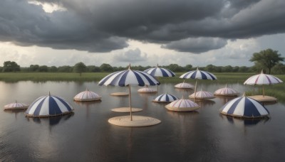 outdoors,sky,day,cloud,water,tree,no humans,umbrella,beach,cloudy sky,grass,nature,scenery,reflection,rain,parasol,beach umbrella,grey sky,reflective water,bush,lake