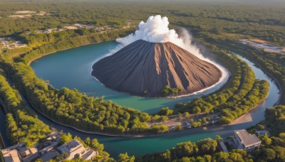 outdoors,sky,day,cloud,water,tree,blue sky,no humans,ocean,from above,building,nature,scenery,forest,mountain,city,road,house,bridge,river,landscape,lake,ground vehicle,motor vehicle,smoke,car,watercraft,island