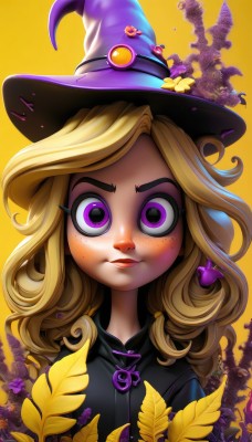 1girl,solo,long hair,looking at viewer,smile,blonde hair,simple background,hat,closed mouth,purple eyes,upper body,flower,lips,eyelashes,makeup,witch hat,leaf,plant,portrait,yellow background,freckles,curly hair,wide-eyed,purple flower,witch,purple headwear,jewelry,earrings,artist name,watermark,web address,yellow flower,nose