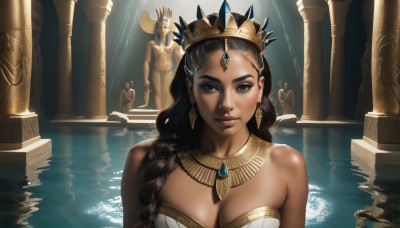 1girl,solo,long hair,breasts,looking at viewer,large breasts,brown hair,black hair,hair ornament,cleavage,bare shoulders,brown eyes,jewelry,medium breasts,closed mouth,upper body,braid,earrings,multiple boys,solo focus,dark skin,water,necklace,black eyes,dark-skinned female,lips,single braid,strapless,makeup,watermark,tiara,crown,reflection,realistic,headdress,neck ring,pillar,statue,column,multiple girls,2boys,backlighting,egyptian,egyptian clothes