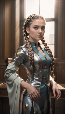 1girl,solo,long hair,breasts,looking at viewer,blue eyes,brown hair,shirt,long sleeves,brown eyes,jewelry,medium breasts,closed mouth,standing,jacket,braid,cowboy shot,day,pants,artist name,indoors,wide sleeves,necklace,twin braids,lips,grey eyes,window,buttons,sunlight,blue shirt,hair over shoulder,forehead,zipper,backlighting,realistic,nose,leather,dress