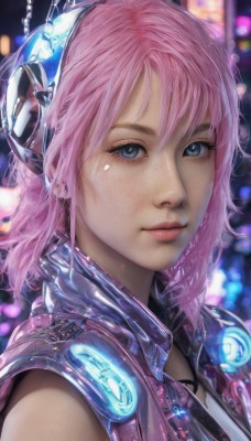 1girl,solo,looking at viewer,smile,short hair,bangs,blue eyes,jewelry,closed mouth,upper body,pink hair,sleeveless,necklace,blurry,vest,lips,blurry background,headphones,portrait,close-up,freckles,realistic,nose,hair between eyes,artist name,eyelashes,depth of field,watermark,science fiction,water drop,bokeh