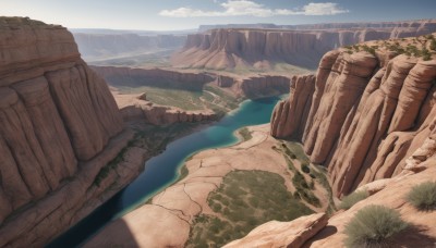 outdoors,sky,day,cloud,water,tree,blue sky,no humans,ocean,cloudy sky,grass,nature,scenery,rock,mountain,horizon,road,river,landscape,cliff,fantasy,sand,bridge,waterfall,shore,desert