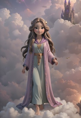 1girl,solo,long hair,looking at viewer,blush,brown hair,hair ornament,long sleeves,dress,brown eyes,jewelry,standing,collarbone,full body,outdoors,sky,barefoot,artist name,cloud,hood,lips,bird,cloudy sky,child,robe,fantasy,castle,tower,smile,very long hair,wavy hair,purple dress,walking,long dress