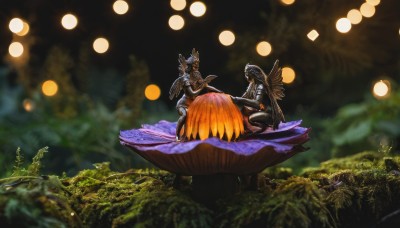 1boy,sitting,male focus,outdoors,multiple boys,wings,2boys,cape,armor,blurry,tree,night,depth of field,blurry background,helmet,shoulder armor,gauntlets,nature,1other,pauldrons,full armor,ambiguous gender,1girl,solo,orange hair,bird,feathers,plant,scenery,forest