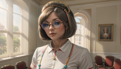 1girl,solo,looking at viewer,short hair,bangs,blue eyes,brown hair,shirt,black hair,closed mouth,white shirt,upper body,short sleeves,hairband,parted lips,glasses,day,collared shirt,artist name,indoors,dark skin,black eyes,dark-skinned female,lips,window,dress shirt,makeup,buttons,swept bangs,watermark,chair,sunlight,bob cut,suspenders,wing collar,lipstick,backlighting,freckles,realistic,nose,round eyewear,red lips,painting (object),yellow-framed eyewear,blush,hat,shoes,tree,web address,light rays