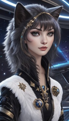 1girl,solo,long hair,looking at viewer,bangs,black hair,animal ears,brown eyes,jewelry,closed mouth,yellow eyes,upper body,hairband,sky,artist name,cat ears,signature,medium hair,necklace,lips,animal ear fluff,fur trim,eyelashes,makeup,gem,star (sky),eyeshadow,starry sky,freckles,realistic,nose,red lips,space,short hair,hood,wolf ears,thick eyebrows