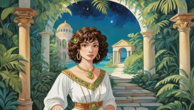 1girl,solo,breasts,looking at viewer,smile,short hair,brown hair,hair ornament,dress,brown eyes,jewelry,collarbone,upper body,earrings,outdoors,sky,water,necklace,white dress,lips,makeup,night,leaf,plant,lipstick,star (sky),night sky,starry sky,curly hair,hoop earrings,stairs,red lips,pillar,arch,column,tree,moon,bush