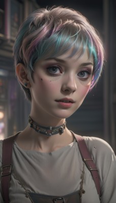 1girl,solo,looking at viewer,short hair,shirt,jewelry,blue hair,white shirt,upper body,pink hair,multicolored hair,earrings,parted lips,choker,necklace,mole,blurry,black eyes,collar,two-tone hair,lips,grey eyes,eyelashes,mole under eye,makeup,blurry background,piercing,lipstick,ear piercing,portrait,grey shirt,spikes,eyeshadow,freckles,realistic,nose,stud earrings,very short hair,mascara,eyebrow piercing,bangs,blue eyes,brown hair,teeth,artist name,depth of field,strap