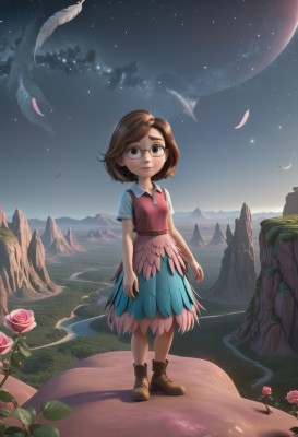 1girl,solo,looking at viewer,smile,short hair,skirt,brown hair,shirt,dress,brown eyes,closed mouth,standing,full body,flower,short sleeves,boots,outdoors,sky,glasses,belt,artist name,cloud,vest,blue skirt,night,rose,bird,brown footwear,moon,grass,feathers,child,star (sky),night sky,scenery,pink flower,starry sky,rock,mountain,round eyewear,arms at sides,female child,ankle boots,pink rose,bangs,collared shirt,signature,medium hair,black eyes,lips,leaf,watermark,thick eyebrows,looking up,red flower,cross-laced footwear,shooting star,cliff