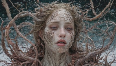 1girl,solo,long hair,looking at viewer,blue eyes,blonde hair,outdoors,parted lips,teeth,blurry,tree,lips,blurry background,portrait,realistic,branch,bare tree,horror (theme),brown hair,grey eyes,eyelashes,mole under mouth,snow