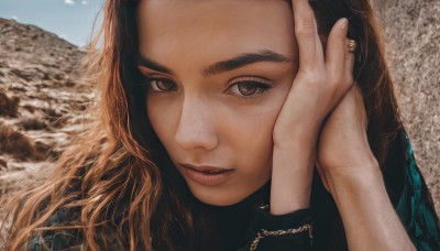 1girl,solo,long hair,looking at viewer,brown hair,brown eyes,jewelry,closed mouth,earrings,outdoors,day,artist name,lips,eyelashes,piercing,ear piercing,portrait,close-up,forehead,freckles,realistic,nose,long sleeves,sky,wind