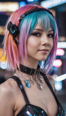 1girl,solo,breasts,looking at viewer,short hair,bangs,cleavage,bare shoulders,jewelry,medium breasts,closed mouth,blue hair,upper body,pink hair,bikini,multicolored hair,choker,necklace,blurry,black eyes,collar,two-tone hair,lips,aqua hair,gradient hair,makeup,depth of field,blurry background,headgear,headphones,pendant,science fiction,realistic,nose,cyberpunk,swimsuit,hairband,black choker