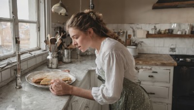 1girl,solo,long hair,brown hair,shirt,hair ornament,long sleeves,dress,holding,closed eyes,white shirt,food,indoors,apron,from side,cup,lips,window,profile,polka dot,knife,steam,plate,mug,realistic,spoon,fork,cooking,kitchen,frying pan,sink,counter,faucet,cabinet,stove,cutting board,jewelry,ring,spatula