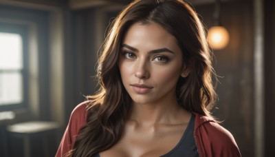 1girl,solo,long hair,breasts,looking at viewer,smile,brown hair,cleavage,brown eyes,closed mouth,collarbone,jacket,upper body,open clothes,indoors,blurry,lips,depth of field,blurry background,wavy hair,portrait,red jacket,forehead,freckles,realistic,nose,jewelry,earrings,eyelashes,thick eyebrows,backlighting,light