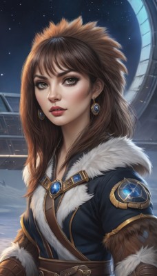 1girl,solo,long hair,breasts,looking at viewer,bangs,brown hair,gloves,brown eyes,jewelry,upper body,short sleeves,earrings,parted lips,sky,belt,artist name,signature,lips,fur trim,eyelashes,makeup,night,watermark,lipstick,brooch,gem,star (sky),night sky,brown gloves,starry sky,freckles,snowing,nose,red lips,fur-trimmed sleeves,outdoors,necklace,thick eyebrows