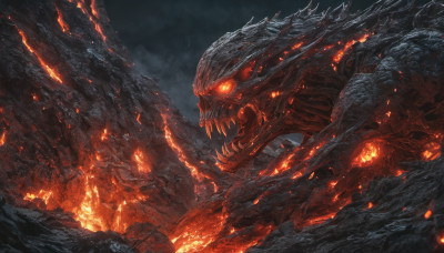 open mouth, teeth, no humans, glowing, fangs, fire, sharp teeth, glowing eyes, monster, scales, molten rock, kaijuu