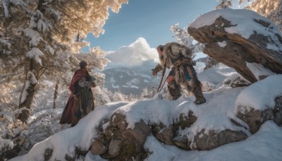 short hair,brown hair,black hair,gloves,1boy,holding,standing,weapon,male focus,boots,outdoors,multiple boys,sky,day,sword,cloud,2boys,cape,armor,tree,blue sky,fur trim,nature,scenery,snow,shield,rock,mountain,fantasy,axe,winter,bag,backpack,robe