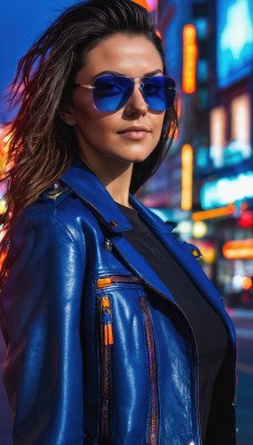 1girl,solo,long hair,brown hair,shirt,black hair,jewelry,closed mouth,jacket,upper body,earrings,outdoors,open clothes,shiny,dark skin,blurry,open jacket,dark-skinned female,lips,black shirt,depth of field,blurry background,sunglasses,forehead,zipper,realistic,nose,stud earrings,leather,tinted eyewear,leather jacket,denim jacket,aviator sunglasses,looking at viewer,night,denim,very dark skin