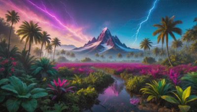 flower, outdoors, sky, cloud, water, tree, no humans, night, plant, star (sky), nature, night sky, scenery, starry sky, mountain, palm tree, electricity, lightning, landscape