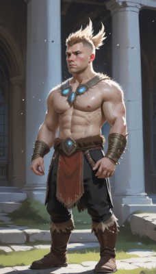 solo,short hair,blonde hair,1boy,navel,jewelry,nipples,standing,full body,male focus,boots,outdoors,pants,artist name,necklace,stomach,bracelet,muscular,facial hair,scar,brown footwear,black pants,abs,thick eyebrows,pectorals,muscular male,spiked hair,bara,scar on face,large pectorals,topless male,mature male,manly,pillar,biceps,thick arms,blue eyes,earrings,belt,fur trim,tattoo,goggles,pelvic curtain,realistic,bare pectorals