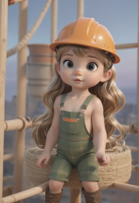 1girl,solo,long hair,looking at viewer,blonde hair,brown hair,hat,brown eyes,standing,boots,outdoors,parted lips,blurry,black eyes,flat chest,lips,loli,blurry background,brown footwear,helmet,child,freckles,basket,overalls,naked overalls,net,hardhat,open mouth,very long hair,nipples,wavy hair,aged down,realistic