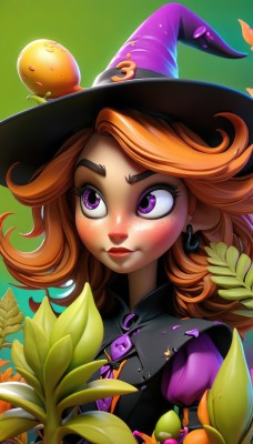 1girl,solo,long hair,blush,bangs,hat,jewelry,closed mouth,purple eyes,upper body,earrings,puffy sleeves,artist name,medium hair,orange hair,lips,gradient,looking to the side,gradient background,eyelashes,makeup,witch hat,leaf,looking away,thick eyebrows,plant,freckles,green background,nose,witch,dress,black headwear,web address