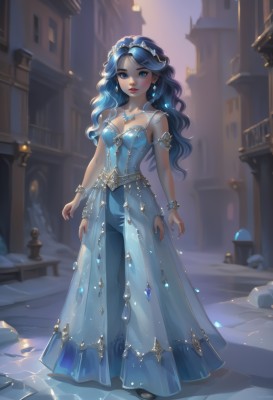 1girl,solo,long hair,breasts,looking at viewer,blush,blue eyes,hair ornament,dress,cleavage,bare shoulders,jewelry,medium breasts,closed mouth,blue hair,standing,collarbone,full body,earrings,outdoors,artist name,necklace,blurry,bracelet,lips,makeup,night,blue dress,watermark,wavy hair,tiara,lipstick,building,gem,armlet,curly hair,long dress,arms at sides,red lips,gown,black hair,hairband,parted lips,see-through,sparkle,web address,pendant